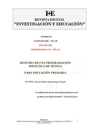MUESTRA DE UNA PROGRAMACIÓN  DIDÁCTICA DE MUSICA  PARA EDUCACIÓN PRIMARIA