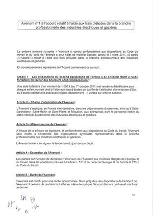 Avenant n°1 à l'accord relatif à l'aide aux frais d'études dans la branche professionnelle  des IEG