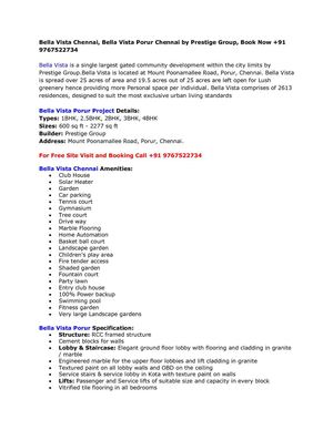 Prestige Bella Vista Chennai, Bella Vista Porur Chennai, Book Now +91 9767522734