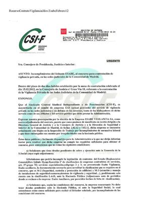 CSI-F. Recurso Contrato Vigilancia Juzgados Madrid