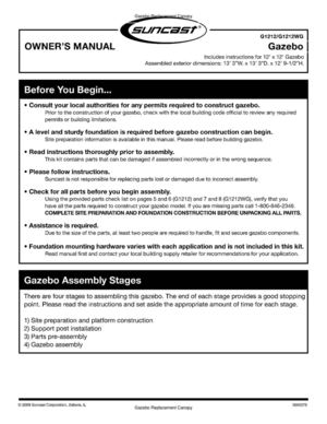 12 x 12 Ft. Gazebo Assembly and Instructions Manual