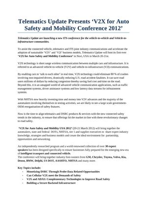 Telematics Update Presents ‘V2X for Auto Safety and Mobility Conference 2012’