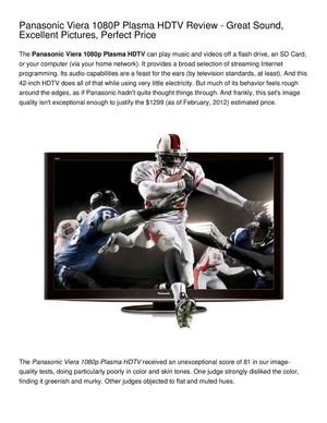 Panasonic Viera 1080P Plasma HDTV Review - Great Sound, Excellent Pictures, Perfect Price