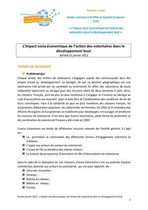 Compte rendu Atelier janvier 2012 : Quel est l'impact socio économique de l'action des volontaires dans le développement local? 