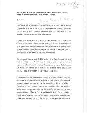 La tradición oral y la enseñanza en el tercer grado de educación primaria en un contexto rural