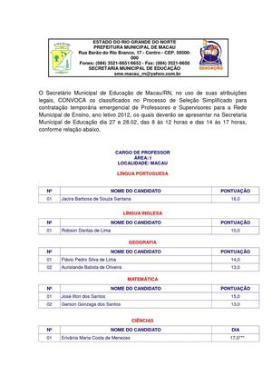 CONVOCAÇÃO dos Professores e Supervisores classificados no Processo Seletivo Simplificado para a Rede Municipal de Ensino, ano letivo 2012.