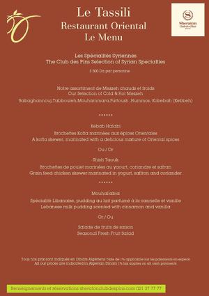Le Menu au Tassili Le Restaurant Oriental