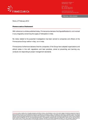 Finmeccanica Statement February, 27th 2012