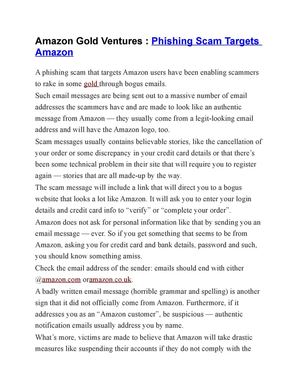 Amazon Gold Ventures : Phishing Scam Targets Amazon