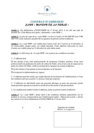 Contrat d'adhésion carte Maison de la perle
