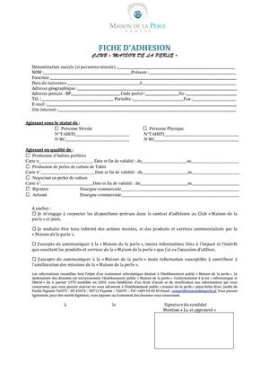 Fiche d'adhésion au Club Maison de la perle