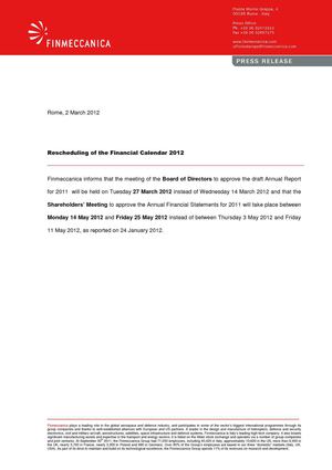 Finmeccanica: Rescheduling of the Financial Calendar 2012