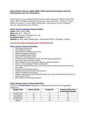 Palace Garden Chennai, 1BHK, 2BHK, 3BHK Apartments Oragadam Chennai, Booking Open Call +91 9767522734