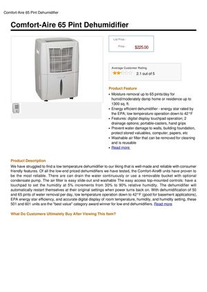 Comfort-Aire 65 Pint Dehumidifier