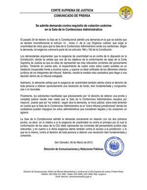 COMUNICADO DE PRENSA: Se admite demanda contra requisito de votación unánime en la Sala de lo Contencioso Administrativo