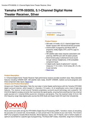 Yamaha HTR-5930SL 51-Channel Digital Home Theater Receiver Silver