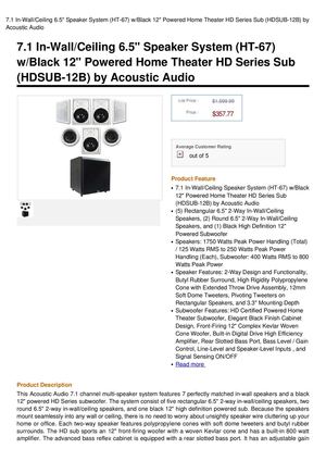 71 In-Wallceiling 65 Speaker System HT-67 Wblack 12 Powered Home Theater HD Series Sub HDSUB-12B By Acoustic Audio