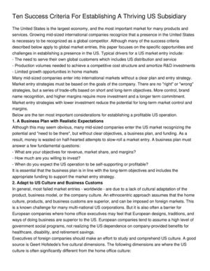 Ten Success Criteria For Establishing A Thriving US Subsidiary