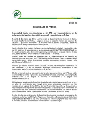 Comunicado de Prensa Supersalud. Investigaciones a 30 EPS. 
