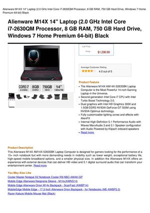 Alienware M14X 14 Laptop (2.0 Ghz Intel Core I7-2630QM Processor, 8 GB RAM, 750 GB Hard Drive, Windows 7 Home Premium 64-Bit) Black