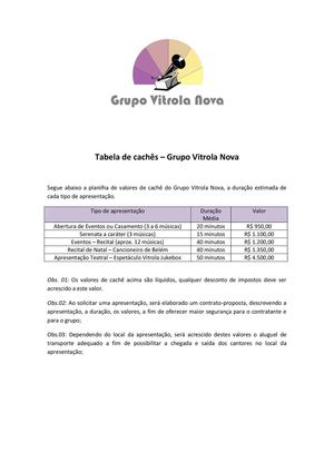 Tabela de Cachês - Grupo Vitrola Nova