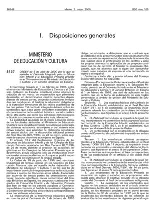 MARCO LEGAL - BOE 2 MAYO 2000 CURRICULO INTEGRADO - CONVENIO