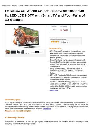 LG Infinia 47LW6500 47-Inch Cinema 3D 1080P 240 Hz LED-LCD HDTV With Smart TV And Four Pairs Of 3D Glasses