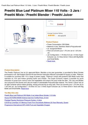 Preethi Blue Leaf Platinum Mixer 110 Volts - 3 Jars   Preethi Mixie   Preethi Blender   Preethi Juicer