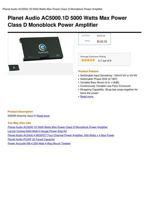 Planet Audio AC5000.1D 5000 Watts Max Power Class D Monoblock Power Amplifier