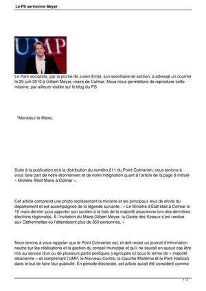 Le PS Colmar sermonne le Maire de Colmar Gilbert Meyer 