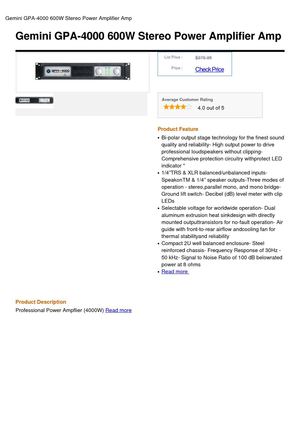 Gemini GPA-4000 600W Stereo Power Amplifier Amp