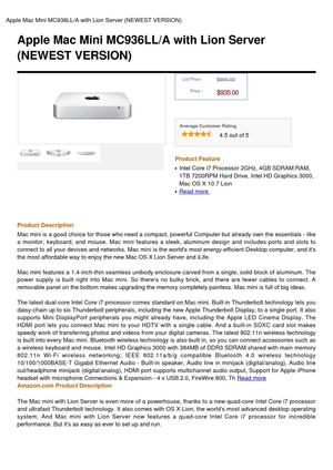 Apple Mac Mini MC936LL A With Lion Server