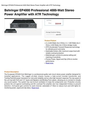 Behringer EP4000 Professional 4000-Watt Stereo Power Amplifier With ATR Technology