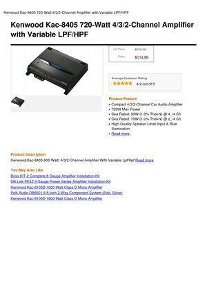 Kenwood Kac-8405 720-Watt 4 3 2-Channel Amplifier With Variable LPF HPF