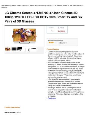 LG Cinema Screen 47LM6700 47-Inch Cinema 3D 1080P 120 Hz LED-LCD HDTV With Smart TV And Six Pairs Of