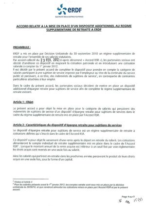 Accord relatif à la mise en place d'un dispositif additionnel au régime supplémentaire de retraite à ERDF