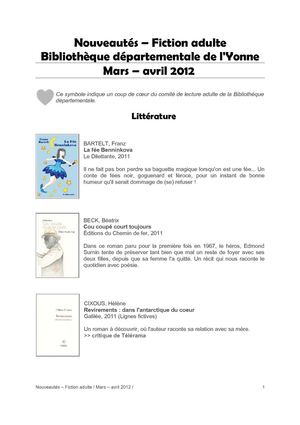 Nouveautés fiction adulte mars avril 2012