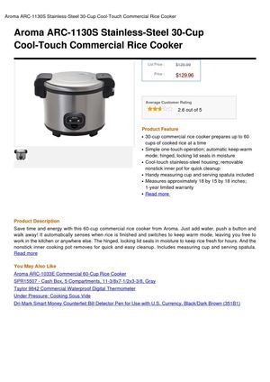 Aroma ARC-1130S Stainless-Steel 30-Cup Cool-Touch Commercial Rice Cooker