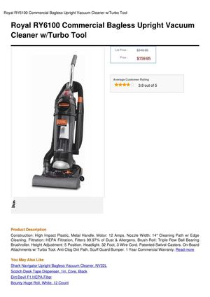Royal RY6100 Commercial Bagless Upright Vacuum Cleaner W Turbo Tool