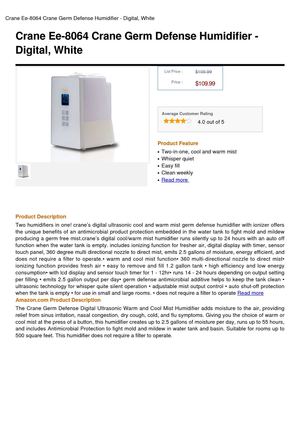 Crane Ee-8064 Crane Germ Defense Humidifier - Digital, White