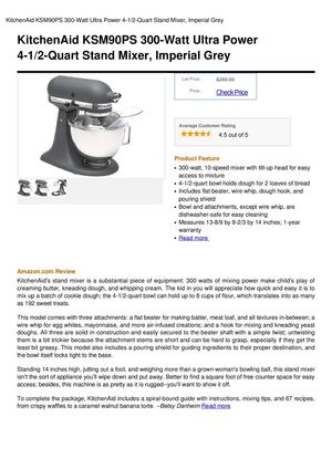 Kitchenaid KSM90PS 300-Watt Ultra Power 4-1 2-Quart Stand Mixer, Imperial Grey