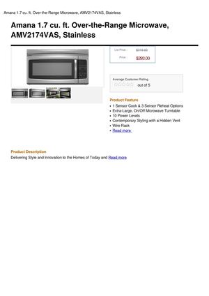 Amana 1.7 Cu. Ft. Over-The-Range Microwave, AMV2174VAS, Stainless
