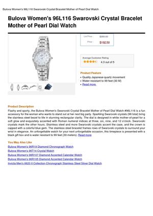 Bulova Women's 96L116 Swarovski Crystal Bracelet Mother Of Pearl Dial Watch