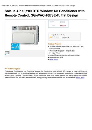 Soleus Air 10,200 BTU Window Air Conditioner With Remote Control, SG-WAC-10ESE-F, Flat Design