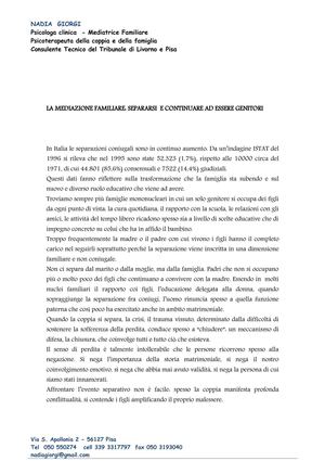 La mediazione familiare: separarsi e continuare ad essere genitori - Dott.ssa Nadia Giorgi