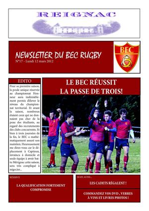 Newsletter du BEC Rugby N°17 - Lundi 12 Mars 2012