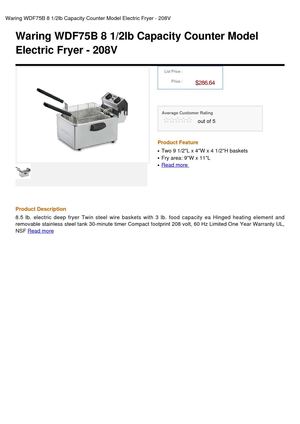 Waring WDF75B 8 1 2Lb Capacity Counter Model Electric Fryer - 208V