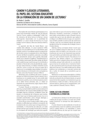 CANON Y CLÁSICOS LITERARIOS.  EL PAPEL DEL SISTEMA EDUCATIVO EN LA FORMACIÓN DE UN CANON DE LECTURAS. Pedro C. Cerrillo