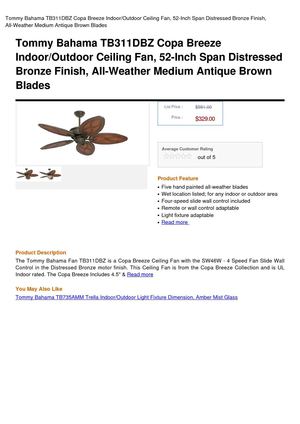 Tommy Bahama TB311DBZ Copa Breeze Indoor Outdoor Ceiling Fan, 52-Inch Span Distressed Bronze Finish, All-Weather Medium Antique Brown Blades