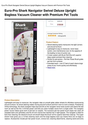 Euro-Pro Shark Navigator Swivel Deluxe Upright Bagless Vacuum Cleaner With Premium Pet Tools